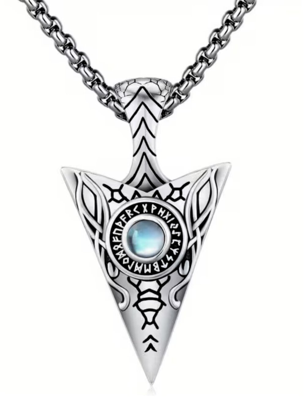 Viking Inspired Norse god Odin Arrowhead Necklace Synthetic Blue Moonstone